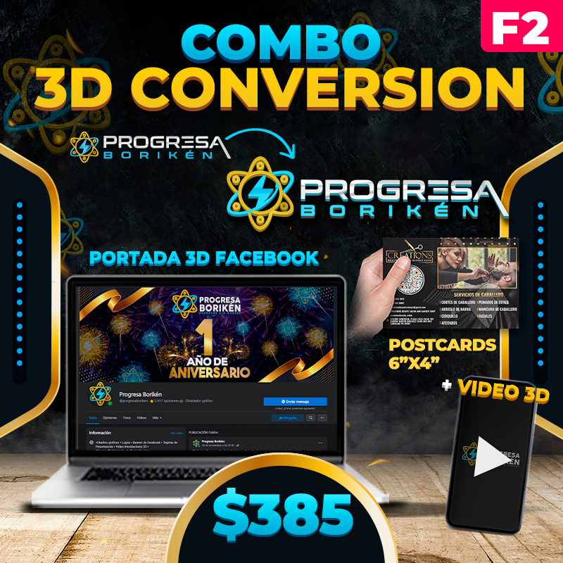 F2. $385➡️3D Conversion+ Business Cards+ Post Cards + Portada Facebook+ Video (Gratis)