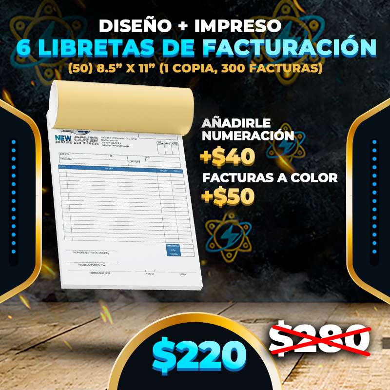 $220▶️Diseño + Impreso 6 Libretas Factura (50) 8.5" x 11" (1 copia 300 Facturas)