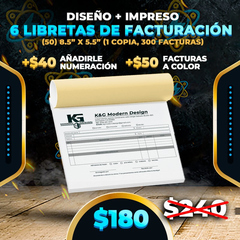 $180▶️Diseño + Impreso 6 Libretas Factura (50) 8.5" x 5.5" (1 copia 300 Facturas)