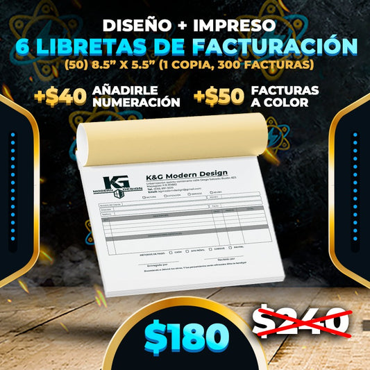 $180▶️Diseño + Impreso 6 Libretas Factura (50) 8.5" x 5.5" (1 copia 300 Facturas)