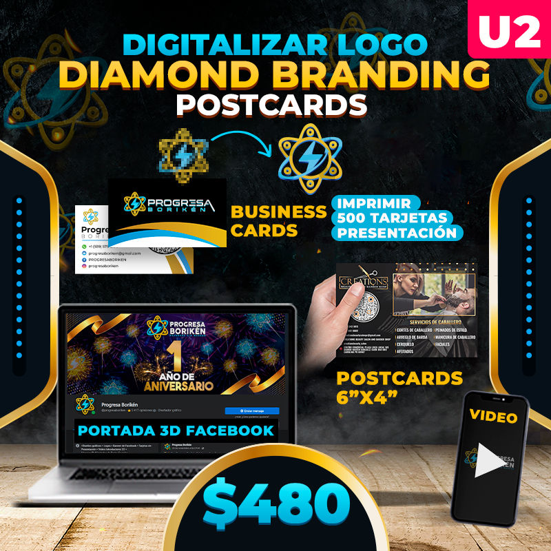 U2. $480➡️Digitalizar Logo en 3D +Business Cards + Portada 3D Facebook +Video 3D Gratis + Post Cards