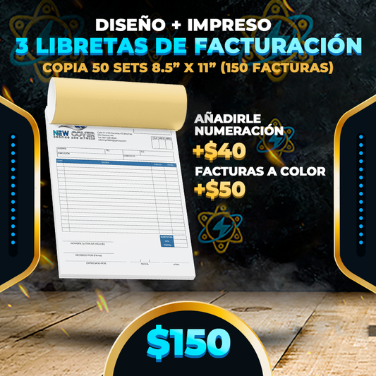 $150▶️Diseño + Impreso 3 Libretas Factura (50) 8.5" x 11" (1 copia 150 Facturas)