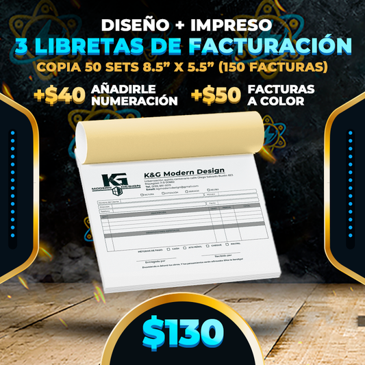 $130▶️Diseño + Impreso 3 Libretas Factura (50) 8.5" x 5.5" (1 copia 150 Facturas)