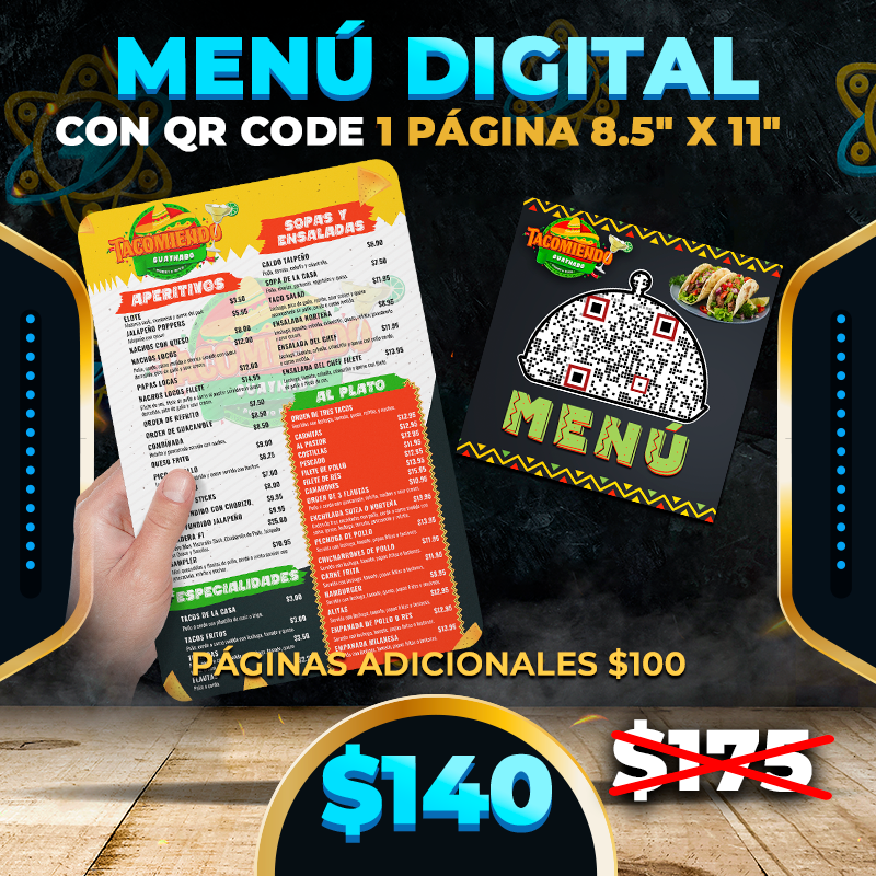 $140✅Menú Digital con QR Code (1 Página 8.5" x 11")