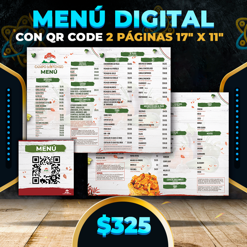$325▶️Menú Digital con QR Code (2 Páginas • 17" X 11")