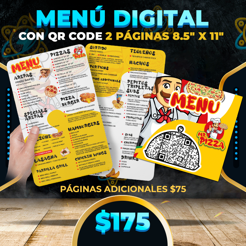 $175✅Menú Digital con QR Code (2 Páginas 8.5" x 11")