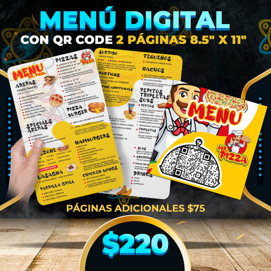 $220✅Menú Digital con QR Code (2 Páginas 8.5" x 11")