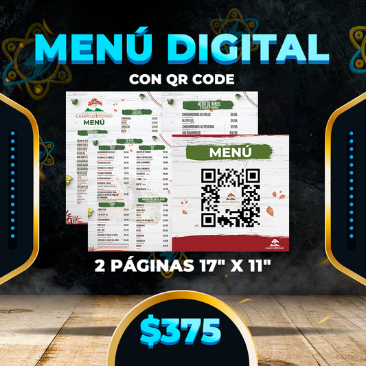 $375▶️Menú Digital con QR Code (2 Páginas • 17" X 11")