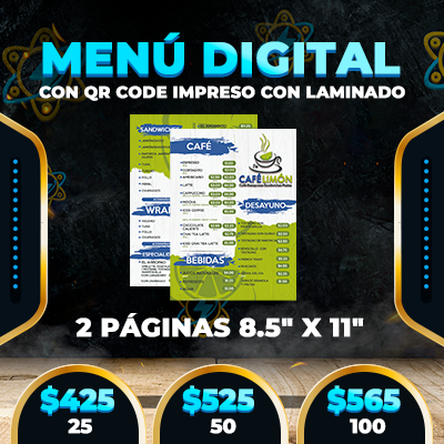Menú Digital con QR code Impreso con Laminado (2 Páginas 8.5" x 11")