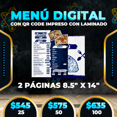 Menú Digital con QR code Impreso con Laminado (2 Páginas 8.5" x 14")